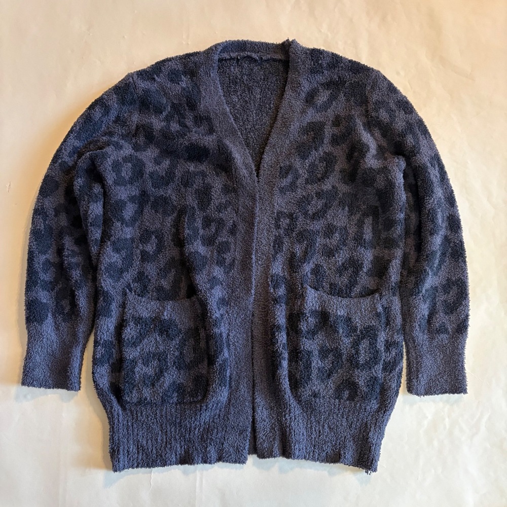 Barefoot Dreams CozyChic Leopard Cardigan Blue Gray Open Front Pocket Sweater